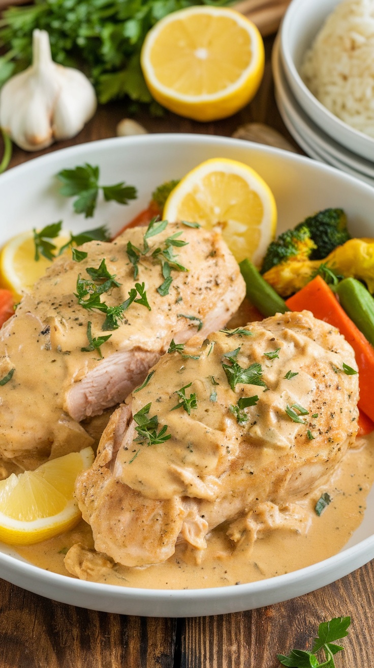 Tender pieces of Slow Cooker Lemon Garlic Chicken with lemon butter sauce, garnished with parsley, served with rice and vegetables.